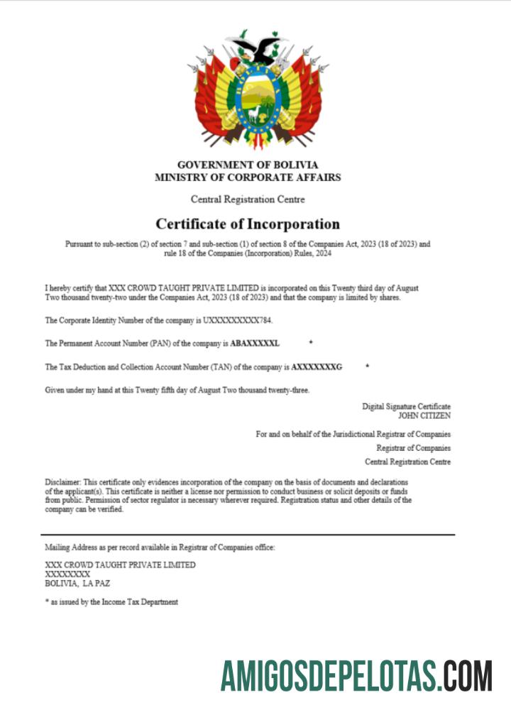 Certificado de registro da Bolívia para download, modelo Word e PDF